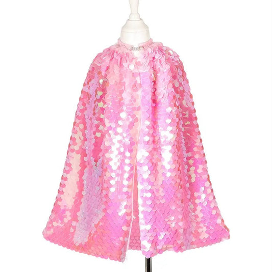 Pink sequin cape on a mannequin against a white background